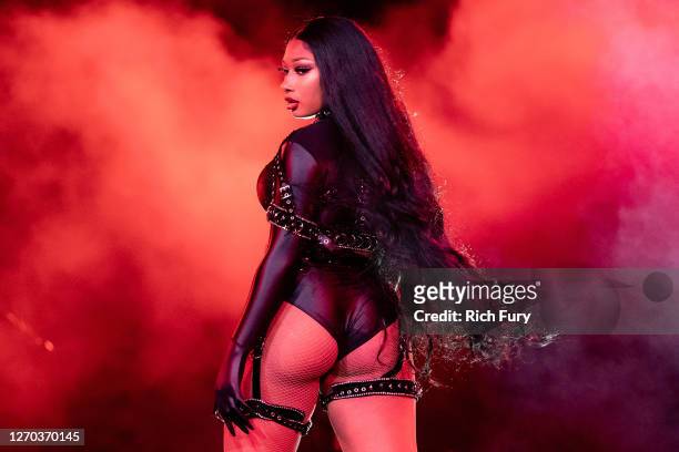 Megan Thee Stallion performs onstage during Day 2 of "Red Rocks Unpaused" 3-Day Music Festival presented by Visible at Red Rocks Amphitheatre on...