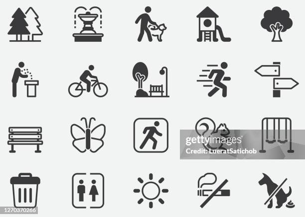 park icons set.tree. healthy.botanical garden, carousel, ferris wheel, museum, excursion, pond, street food, fountain vector illustrations.outdoors pixel perfect icons - playground stock illustrations