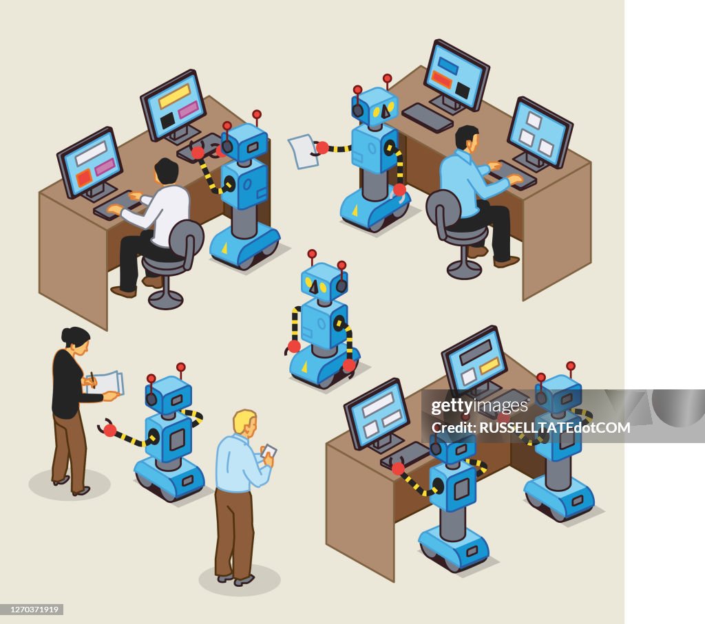Two Robots Using Computers Robots And Humans Working Together On Computers High-Res Vector Graphic ...