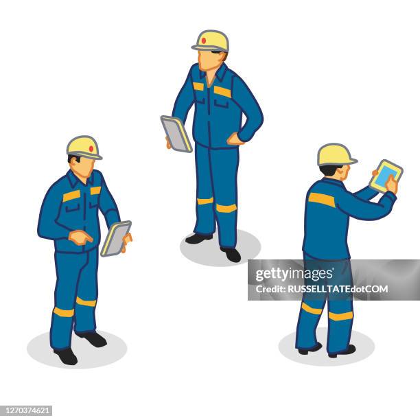 three engineers reading data from tablet or electronic work device - construction workers talking stock illustrations