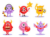 Cute Set Of Different Cartoon Monsters Characters In Flat Style. Vector Illustration With Funny Creatures On White Background. Comic Halloween Monsters With Horns, Big Teeth And Eyes Smiling, Waving