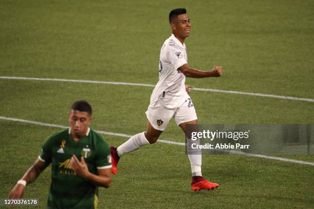 Efrain Alvarez of Los Angeles Galaxy celebrates after scoring a goal in the first half against the Portland Timbers at Providence Park on September...