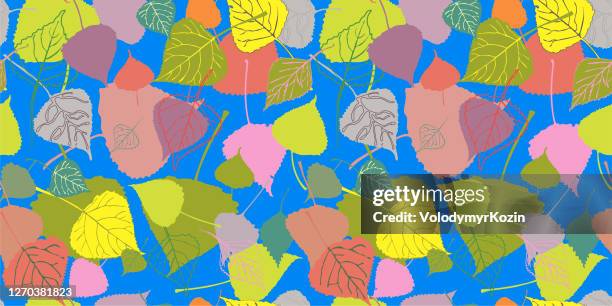 seamless multi-colored autumn leaves on a blue background - gray portrait background stock illustrations