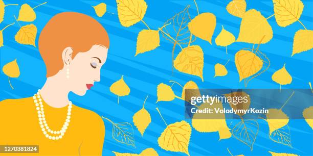 profile of a women on the background of stylized foliage - gold earrings stock illustrations