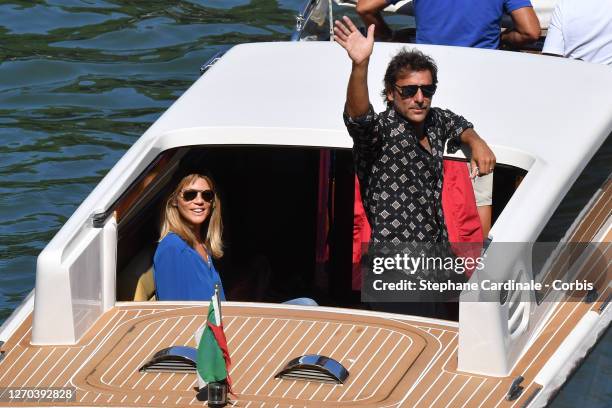 Gaia Trussardi and Adriano Giannini are seen arriving at the Excelsior during the 77th Venice Film Festival on September 03, 2020 in Venice, Italy.