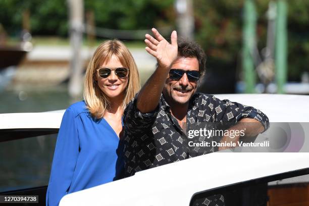 Gaia Trussardi and Adriano Giannini are seen arriving at the Excelsior during the 77th Venice Film Festival on September 03, 2020 in Venice, Italy.