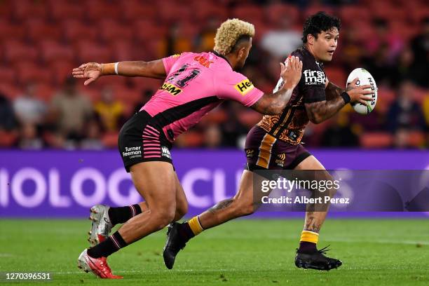 Issac Luke of the Broncos runs the ball during the round 17 NRL match between the Brisbane Broncos and the Penrith Panthers at Suncorp Stadium on...