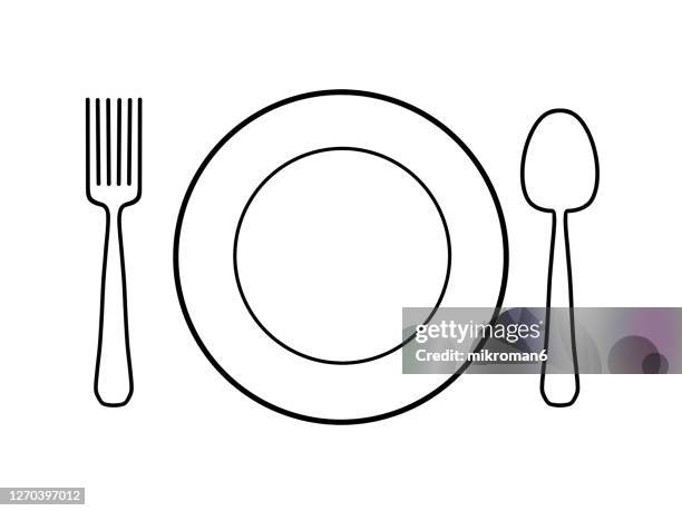 drawing of a plate with a spoon and a fork - food dessin animee photos et images de collection