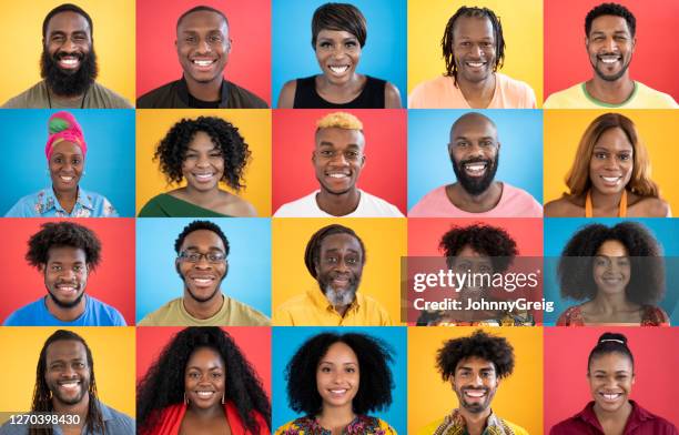 head and shoulders portraits of diverse black people smiling - human face collage stock pictures, royalty-free photos & images