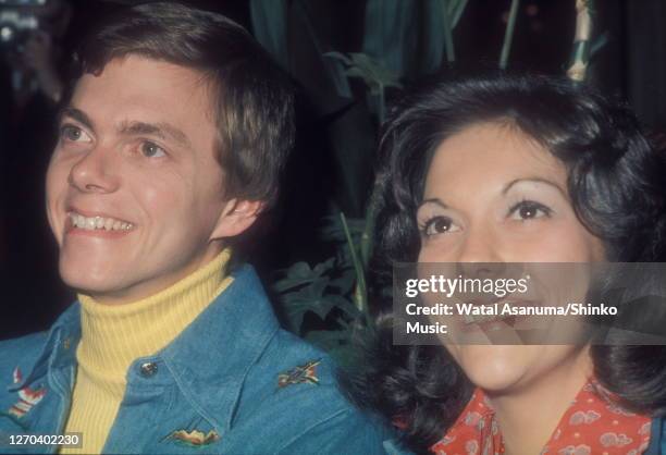The Carpenters at a press conference at In On The Park Hotel in London, 8th February 1974. Richard Carpenter, Karen Carpenter.