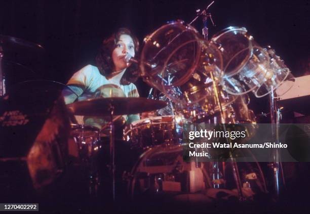 The Carpenters perform at Hammersmith Odeon, London, 8th February 1974. Karen Carpenter playing a Ludwig vistalite perspex drum kit.