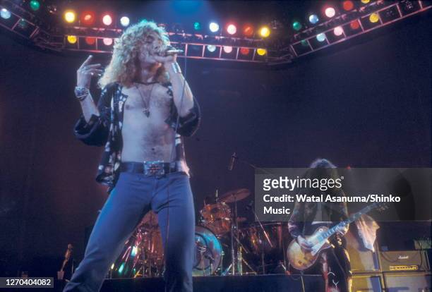 Robert Plant , Jimmy Page of Led Zeppelin performing on stage at Earl's Court, London, May 1975.