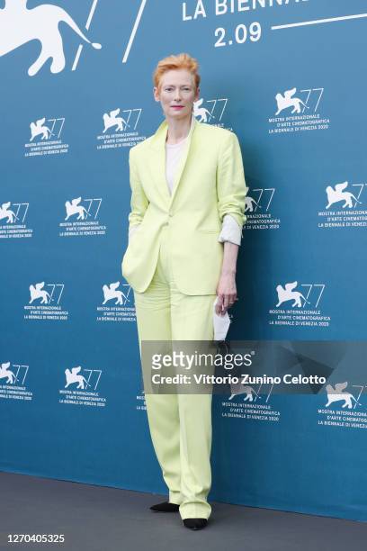 Tilda Swinton attends the photocall of the movie "The Human Voice" at the 77th Venice Film Festival on September 03, 2020 in Venice, Italy.