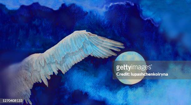illustration painting watercolor full moon wing flying free bird on the background of the night blue sky with clouds - date night romance stock illustrations