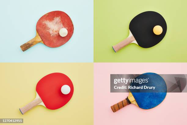 composite grid of table tennis bats and balls - paddle tennis stock-fotos und bilder