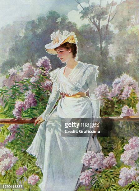 ilustrações de stock, clip art, desenhos animados e ícones de woman sitting thoughtful in garden 1900 - victorian style