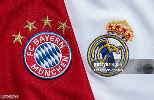 The FC Bayern Munich and Real Madrid club crests on their first team home shirts on September 1, 2020 in Manchester, United Kingdom.