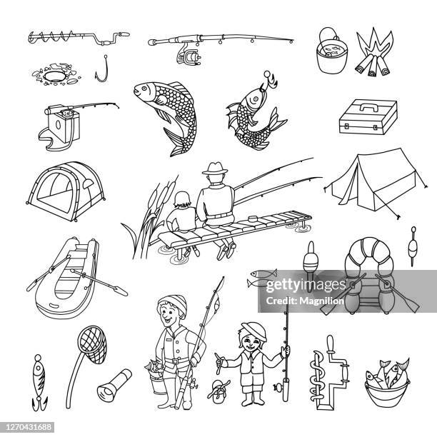 ilustraciones, imágenes clip art, dibujos animados e iconos de stock de conjunto de doodle de pesca - bote neumático