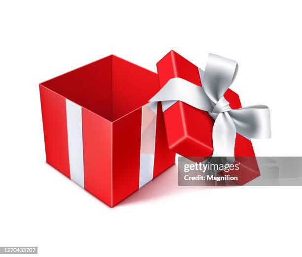 opened red gift box with silver bow - open stock illustrations