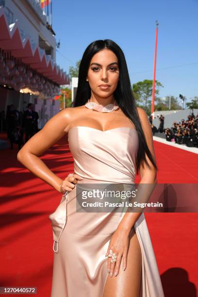 Georgina Rodriguez walks the red carpet ahead of the movie "The Human Voice" and "Quo Vadis, Aida?" at the 77th Venice Film Festival at on September...