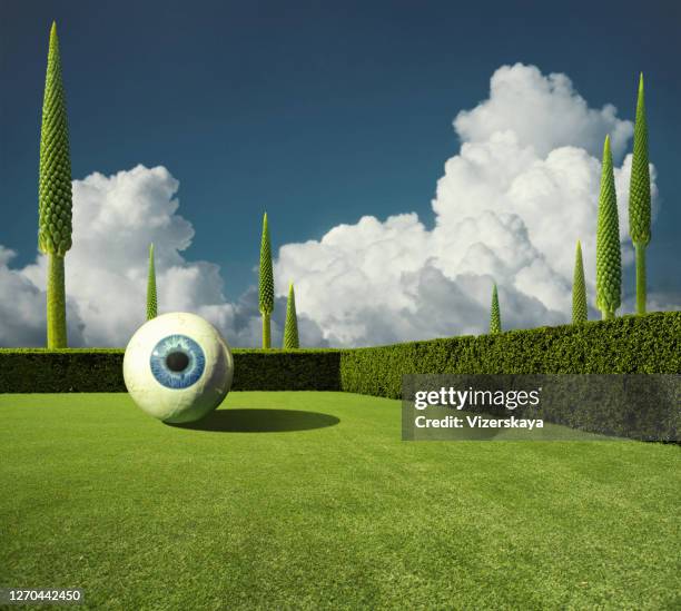 abstrakte surreale natur hintergrund mit riesenauge - skulptur kunstwerk stock-fotos und bilder