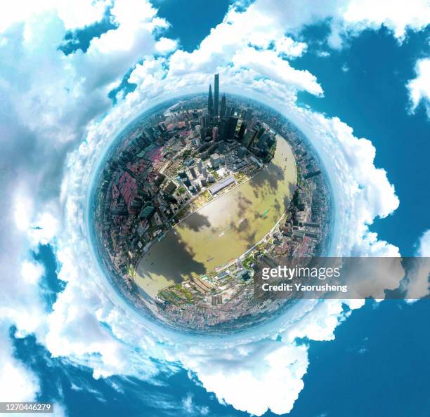360 degree view of shanghai in a sunny day - central world stock-fotos und bilder