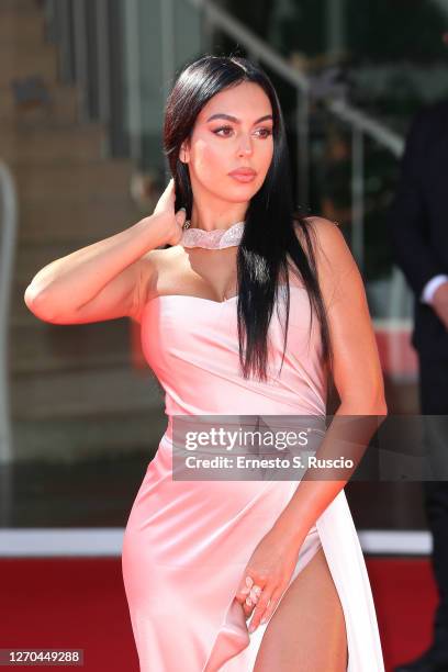 Georgina Rodriguez walks the red carpet ahead of the movie "The Human Voice" and "Quo Vadis, Aida?" at the 77th Venice Film Festival at on September...