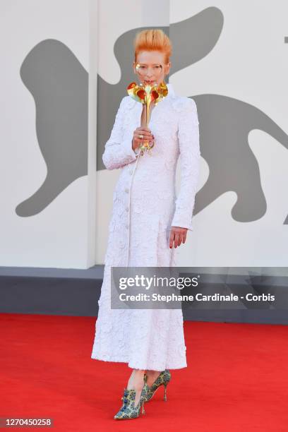 Tilda Swinton walks the red carpet ahead of the movie "The Human Voice" and "Quo Vadis, Aida?" at the 77th Venice Film Festival at on September 03,...