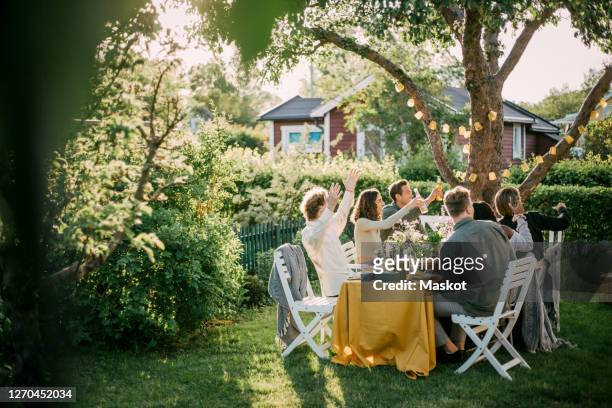 smiling friends toasting beer while enjoying in backyard - 19 years old dinner stock pictures, royalty-free photos & images