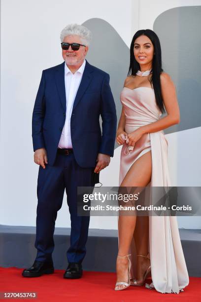 Pedro Almodovar and Georgina Rodriguez walk the red carpet ahead of the movie "The Human Voice" and "Quo Vadis, Aida?" at the 77th Venice Film...