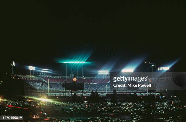 General view of the exterior of Dodger Stadium from the parking lot during the night time Major League Baseball National League West game between the...