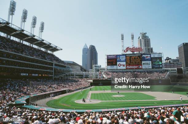 General view of Jacobs Field and the baseball diamond with the Cleveland Indians batting against the Minnesota Twins during their Major League...