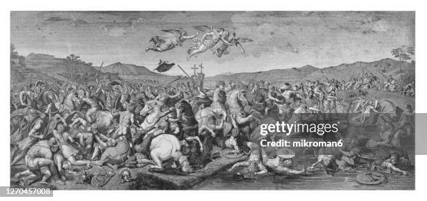 old engraved illustration of the battle of the milvian bridge, or the battle at pons milvius - roman army fotografías e imágenes de stock