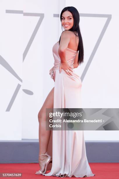 Georgina Rodriguez walks the red carpet ahead of the movie "The Human Voice" and "Quo Vadis, Aida?" at the 77th Venice Film Festival at on September...