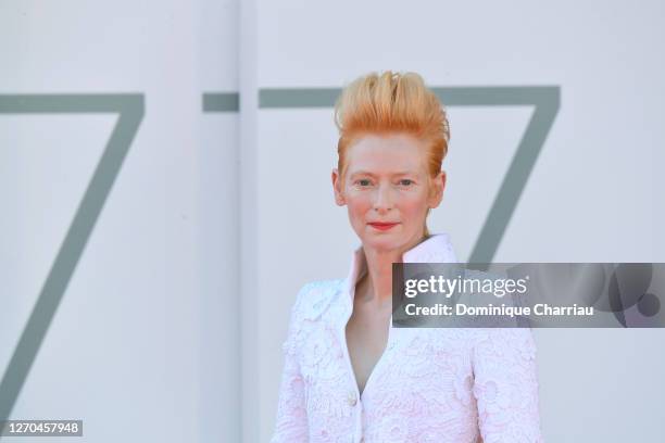 Tilda Swinton walk sthe red carpet ahead of the movie "The Human Voice" at the 77th Venice Film Festival at on September 03, 2020 in Venice, Italy.