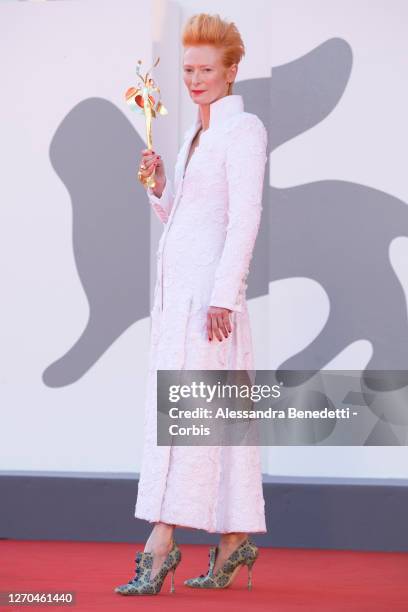 Tilda Swinton walks the red carpet ahead of the movie "The Human Voice" and "Quo Vadis, Aida?" at the 77th Venice Film Festival at on September 03,...