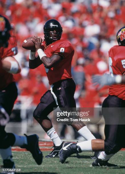 Calvin McCall, Quarterback for the University of Maryland Terrapins prepares to pass the ball downfield during the NCAA Big East Conference college...