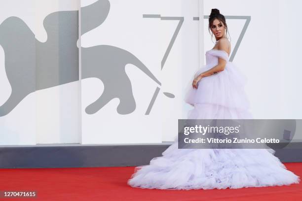 Giulia De Lellis walks the red carpet ahead of the movie "Amants" at the 77th Venice Film Festival at on September 03, 2020 in Venice, Italy.