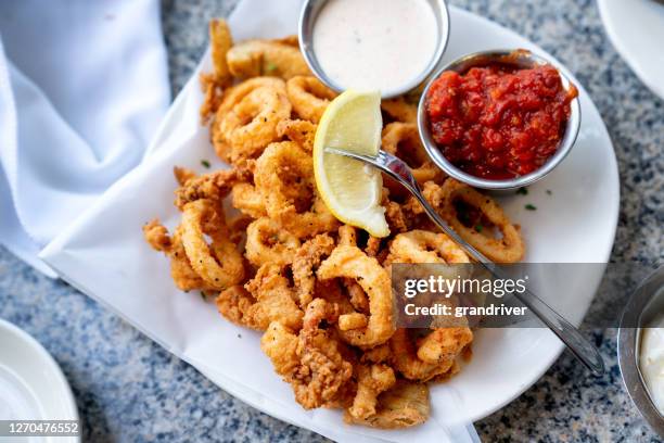 un delicioso plato de calamares fritos profundos, calamar frito al estilo cajún a la perfección, servido con una guarnición de salsa de aioli de ajo recién hecha y salsa de cóctel, cuñas de limón fresca en el lado - calamar frito fotografías e imágenes de stock