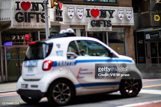 Car patrols near a gift shop at Times Square on September 3, 2020 in New York, NY. The President Donald Trump has ordered to the federal government...
