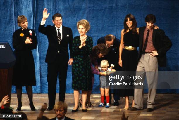 Ronald Reagan with his wife Nancy Reagan and members of their family, Maureen far left, Patti and Ron Reagan far right celebrate the victory making...