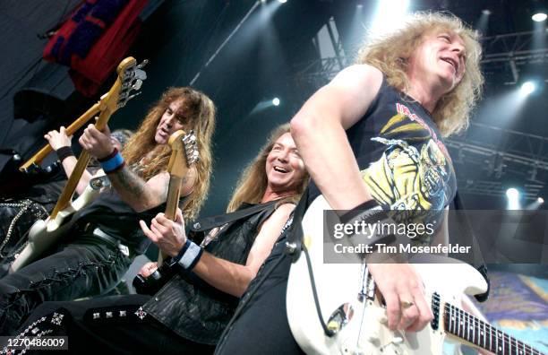 Steve Harris, Dave Murray, and Janick Gers of Iron Maiden perform during Ozzfest 2005 at Shoreline Amphitheatre on August 13, 2005 in Mountain View,...