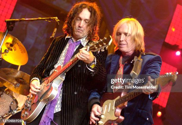 Mike Campbell and Tom Petty of Tom Petty and the Heartbreakers perform at the Greek Theatre on August 26, 2005 in Berkeley, California.