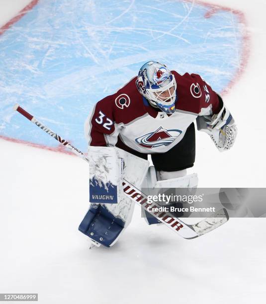 Hunter Miska of the Colorado Avalanche tends net in warm-ups prior to the game against the Dallas Stars in Game Six of the Western Conference Second...
