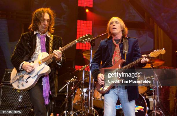 Mike Campbell and Tom Petty of Tom Petty and the Heartbreakers perform at the Greek Theatre on August 26, 2005 in Berkeley, California.