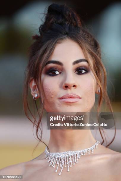 Giulia De Lellis walks the red carpet ahead of the movie "Amants" at the 77th Venice Film Festival at on September 03, 2020 in Venice, Italy.