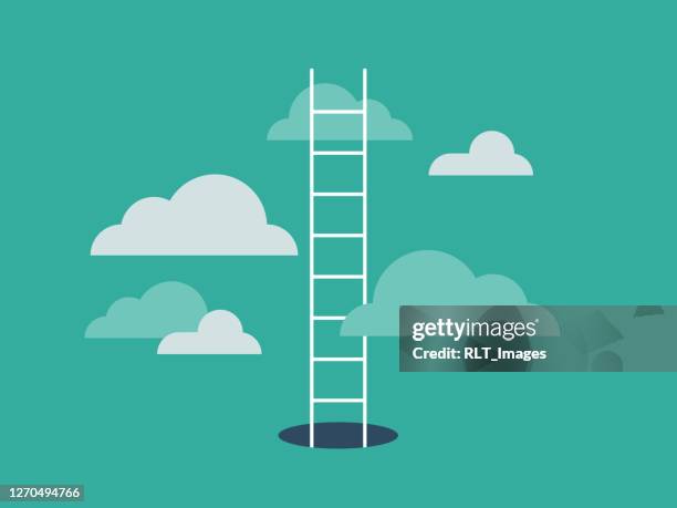 stockillustraties, clipart, cartoons en iconen met illustratie van ladder die uit gat te voorschijn komt en in de wolken leidt - boven