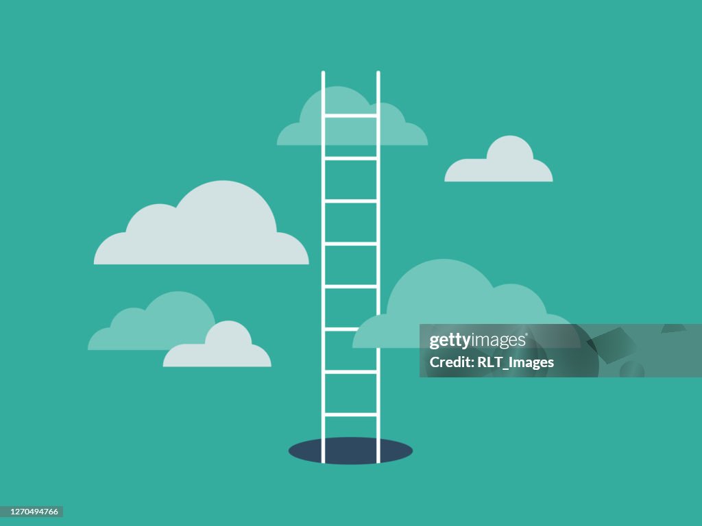 Illustration of ladder emerging from hole and leading into the clouds