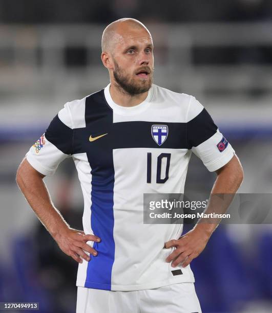 Teemu Pukki of Finland looks on during the UEFA Nations League group stage match between Finland and Wales at Helsingin Olympiastadion on September...