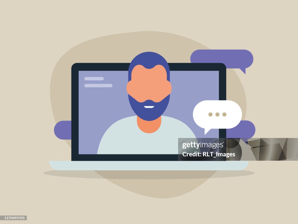 Illustration of young man having discussion on laptop computer screen
